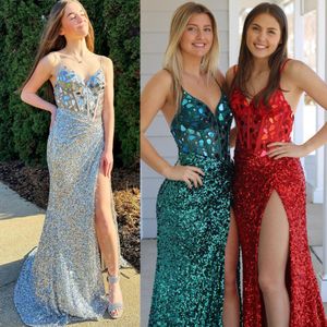 Sparkly Sequin Prom Dress with Glass Mirrors Beading, Fitted Bodice, High Slit, Teal Silver