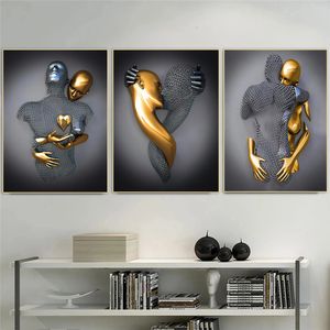 Resimler siyah ve altın aşk kalp figür heykel tuval resim modern sanat posterler ve baskılar duvar resimleri oturma odası ev dekor 230329