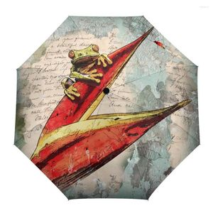 Şemsiye Hayvan Kurbağası Retro Desen Baskı Kadınlar Erkekler Yağmur Şemsiyesi Üç Katlanır Kız Dayanıklı Taşınabilir Otomatik Hediye Parasol