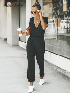 Women's Jumpsuits Rompers PETAL Women's V-neck Short Sleeve Bodysuit Women's Casual Long Jogging Pants Playsuit Summer Tight Bodysuit 230329