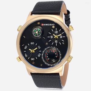 Нарученные часы Big Golden Case Mens Watches Dual Times военные запястья для мужчин роскошные кожа