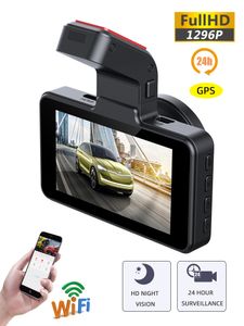 Dash Cam Car DVR 24H HD 1296P Kamera Çift Lens Video Kaydedici Kara Kutu Döngüsü Dashcam WiFi G-sensörlü GPS içinde inşa edildi