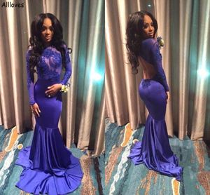 Kraliyet mavisi Afrika Denizkızı Akşam Elbiseleri Uzun Kollu Dantel Aplike Özel Durum Parti Elbisesi İnce Takılmış Sırtsız Seksi Resmi Prom Elbise Cl2110