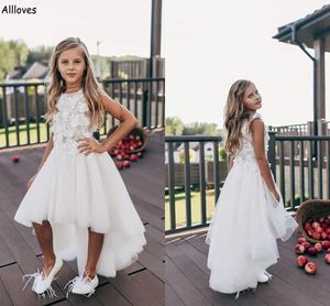 Pretty Floral Lace Flower Girl Dresses For Wedding Party High Low Tulle A Line Short Formal Birthday Gowns For Little Girls Kids Toddler First Communion Dress CL2112