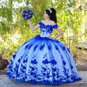 Kraliyet Mavi Boncuklu İnciler 3d Çiçekler Quinceanera Omuz Balo Elbise Kapalı Tatlı On Altı Prom Partisi önlükleri Tül Vestidos