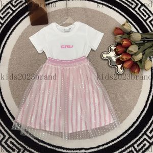 brand girls dresses sets designer white t shirts pink skirts 2023 high end girls Exquisite embroidered logo T-shirt short sleeves double layer mesh sequin skirt