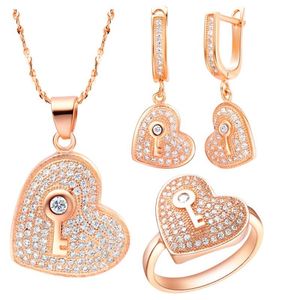 Collana Orecchini Set Cuore Amore Colore oro rosa Zirconi cubici Accessori da sposa bianchi Simpatici gioielli ovali e rotondi in micro pavé di cristallo