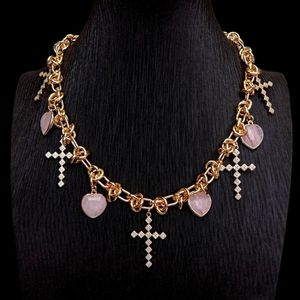 Anhänger Halsketten Y.YING Natürlicher Rosa Rosenquarz Cz Pave Cross Charm Halskette Vergoldete Kette Religiöser SchmuckAnhänger