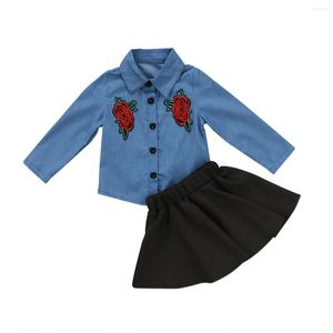 Giyim Setleri Citgee2pcs Çocuk Bebek Kızlar Uzun Kollu Çiçek Denim Mavi Gömlek Etek Tutu Nakış Kıyafetleri Giysileri Set 1-6y
