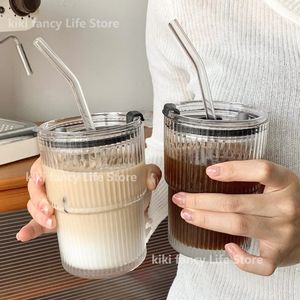 Wasserflaschen 450ml Simple Stripe Coffee Glass Cup With Lid and Straw Transparent Bubble Tea Cup Juice Glass Milk Mocha Cups Breakfast Mug 230428