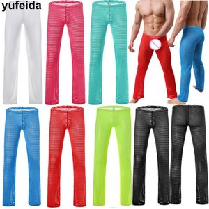 Calça masculina cuecas sexy moldando calças longas soltas de calças listradas listradas de listras de listras respiráveis calças de fitness slim