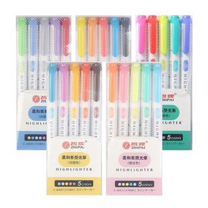 Highlighters 5 Colorsbox Double Headed Highlighter Pen Set Fluorescent Markers Pens Art Marker Japanese Cute Kawaii Stationery 230503