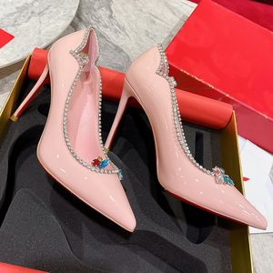 Dalga Patent Deri Kristal Takı Yüksek Topuklu Kadın Ayakkabı İnce Kırmızı Deri Ayakkabı Lüks Tasarımcı Yeni Seksi Parti Düğün Ayakkabı Boyutları 35-43 +Kutu