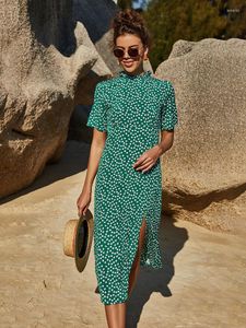 Sıradan elbiseler yaz tatlı Kore yeşil şifon çiçek plajı midi elbise kadınlar fırfırlar boyun yüksek bel a-line peri uzun etek tatil
