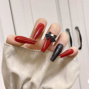 Гель ногтевой гель 24pcs черный красный с луком носить длинные абзацы моды маникюр маникюр ложно.