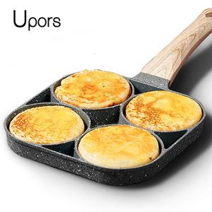 Pans UPORS 4 Hole Frying Pan Non Stick Breakfast Burger Egg Pancake Maker Wooden Handle Stone Four Hole Omelet Pan 230503