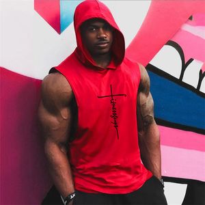 Mens Tank Tops Muscle Fitness Guys Gym Clothing Bodybuilding Hooded Top Men Cotton Sleeveless T Shirt Running Vest Workout Sportswear 230504