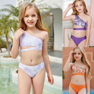 Childrens Split Printed Girls Swimsuit One pieces One Shoulder Big Kids Wholesale