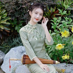 Etnik Giyim Zarif Yeşil Çiçek Baskı Qipao Mandarin Yakası Kısa Kollu Cheongsam Vestidso Çin Dantelli Elbise Akşam Partisi Elbise