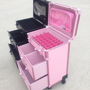 Malas femininas bonito carrinho rosa estojo de cosméticos bagagem de rolamento masculino dominador unhas pretas maquiagem caixa de ferramentas beleza tatuagem