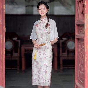 Etnik giyim Çin tarzı kadınlar şifon çiçek baskısı cheongsam vintage mandalina yaka ince qipao modern geleneksel elbise