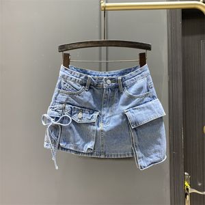 Etekler prepomp düzensiz cep kargo denim etek kadın giyim yaz seksi a-line kalça etekleri dişi dipler sokak kıyafetleri gh910 230506