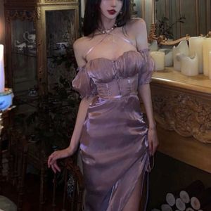 Günlük elbiseler Fransız romantik parti elbise askısız tatlı sıcak seksi Kore kadınlar mor bandaj düzensiz uzun maxi elbiseler y146 z0506