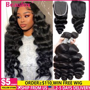Hair pieces Beau Loose Wave Human Bundles With Closure Indian Weave 3 4 Lace Wavy Extensions 230505