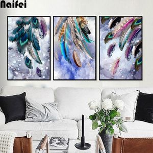 Stitch Diamond Painting Triptych Feathers pavões belos animais artesanais artesanais Diy Diamond Borderyer Mosaic Strass