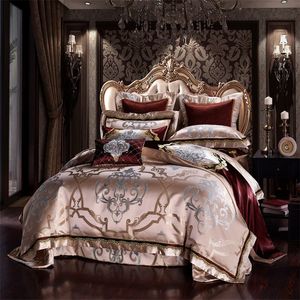 Bedding Sets Golden Silk Cotton Luxury Satin Jacquard Bedding Conjunto Queen King Size Beddings Cedding Sheet Sheet/Spread Conjunto Tampa de edredão 230506