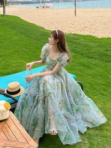 Günlük Elbiseler Vintage Floral Akşam Midi Maxi Elbiseler Kadınlar İçin Zarif Günlük Parti Balo Yeşil Tatil Prenses Peri Uzun Elbise Yaz 2023 Z0506