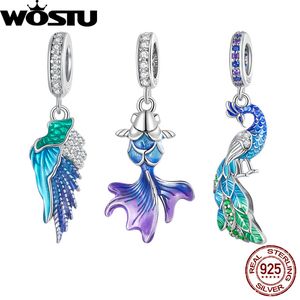 Charms Wostu 925 Sterling Gümüş Renkli Melek Kanat Tavuskuşu Takılar Kolye Gökkuşağı Balık Boncuk Fit Bilezik Neckalce Diy Takı Yapımı 230506