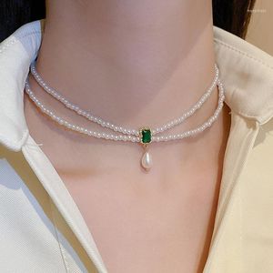 Chains Green Color Square Zirconia Necklace Classic Adjustable Imitation Pearls Devise For Woman Cocktail Party Jewelry