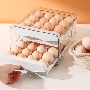 Food Savers Storage Containers Refrigerator Egg Storage Organizer Egg Holder for Fridger 2Layer Drawer Type Stackable Storage Bins Clear Plastic Egg Holder 230505