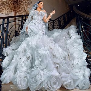 2023 Arabic Aso Ebi White Mermaid Wedding Dress Beaded Crystals Lace Detachable Train Bridal Gowns Dresses ZJ6065