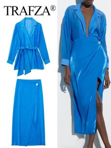 Двух кусочков платье Trafza Женщины элегантные блузенные юбки набор рубашки с длинным рукавом высокая талия передней сплит