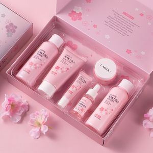 Kiraz Çiçeği Sakura Cilt Bakım Seti Kollajen Göz Kremi Serum Yüz Temizleyici Toner Yüz Kremi Güzellik Makyajı 6 PCS/Set Hediye Kutusu