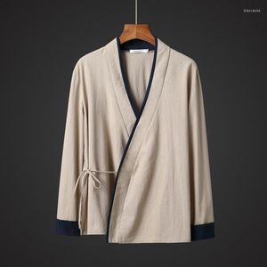 Erkek Ceketler #4260 Siyah Kırmızı Mavi Haki Vintage Pamuk Keten Ceket Erkek Çin Stili Kimono Hırka V-Neck Eklenmiş Renk artı Boyut