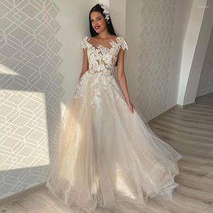 Wedding Dress Fivsole Sexy Appliques Cap Sleeves Tulle Dresses 2023 Sheer Neck Pearls Princess Beach A-Line Bride Robes Illusion