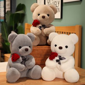 Dolls de pelúcia 45 cm Kawaii Teddy Bear com Rose Plush Toy Byled Animal Doll I Love You for Girlfriend Birthday Gift Present Romântico 230508