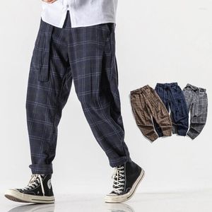 Erkek pantolon Çin tarzı moda kemer ekose rahat gevşek artı beden bol düz pantolonlar erkek giyim sokak kıyafetleri erkek