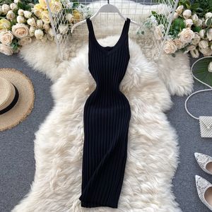 Günlük Elbiseler V Boyun İnce Yaz Seksi Örgü Midi Elbise Spagetti Kayışı Vestido De Festa Kadın Parti Bodycon Diz Boyu Vestidos