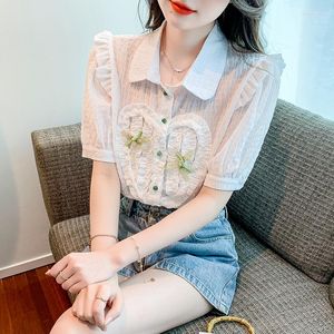 Kadın bluzları yaz lolita bluz kawaii kıyafetleri tatlı tiki sevimli beyaz gevşek gömlekler şık fırfırlar kısa kollu kadın moda üstleri