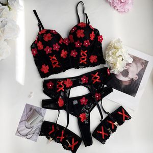 Peri Seksi Lingerie Lüks Dantel Kıyafetler Çiçek Güzel İç çamaşırı 3 Parçalı Sütyen Yastıklı Güzel Romantizm Bilizna Seks