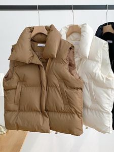 Leather ZOKI Winter Thick Women Vest Parkas Loose Korean Stand Collar Zipper Cotton Padded Warm Waistcoat Sleeveless Fashion Female Coat