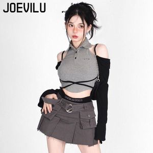 Two Piece Dress Gothic Skirt Set Polo Neck Waist Strap Off Shoulder Long Sleeve TShirt Pleated Denim 2 Sets Women Outfits Y2k Suit 230509