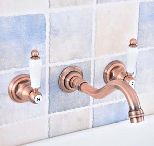 Banyo lavabo muslukları antika kırmızı bakır pirinç yaygın duvara monte küvet 3 delik çift seramik kollar musluk mikseri musluk asf525