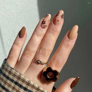 Ложные ногти коричневый цветочный миндальный фальшивый с дизайном модные французские кончики Diy Manicure Носимый пресс на полной обложке