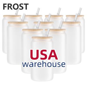 USA Warehouse 12 onças 16 onças transparente fosco DIY sublimação em branco pode em forma de copos de vidro de cerveja com tampa de bambu e palha de cerveja pode vidro para coca-cola gelada