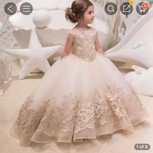 Şampanya Uzun Kollu Çiçek Kızlar Elbise Dantel Aplike Süpürme Tren Prenses Küçük Kızlar Düğün Durumu Konuk Gowns